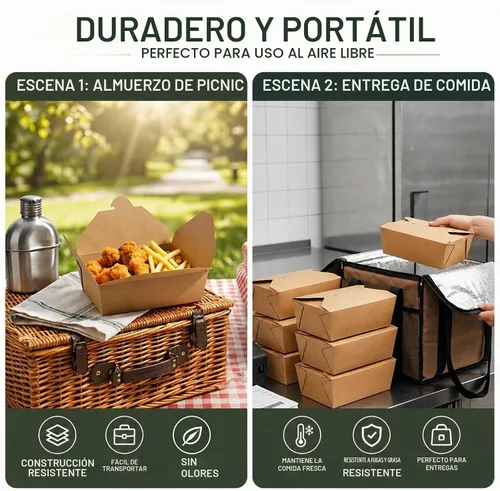 Vista 3 de Kaderron 80 piezas 26 oz (780 ml) contenedores de comida desechables para llevar, cajas de comida marrón, caja de papel kraft para llevar apta