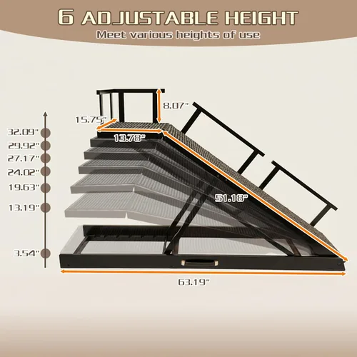 Vista 2 de Rampa plegable para perros de 65 pulgadas para cama, altura ajustable de 6 niveles (13-32.1 pulgadas) con plataforma de descanso, superficie