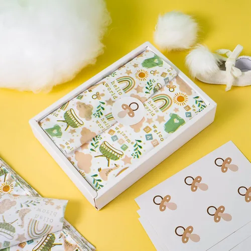 Vista 4 de LeZakaa 60 hojas de papel de seda para baby shower con 30 calcomanías de regalo, papel de seda para bebé niño niña a granel, diseño de arcoíris