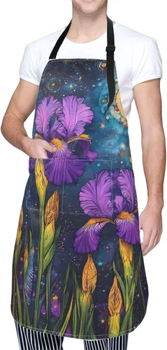 Vista 5 de Delantal de cocina con estampado de lirios morados, ajustable, impermeable, con bolsillos, unisex