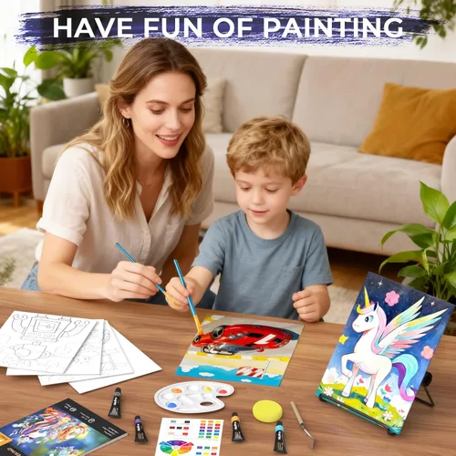 Vista 7 de Nicpro Juego de 34 piezas de pintura para niños con lienzo patrón, kit de suministros de pintura artística con 12 pinturas acrílicas, 10 pinceles, 6