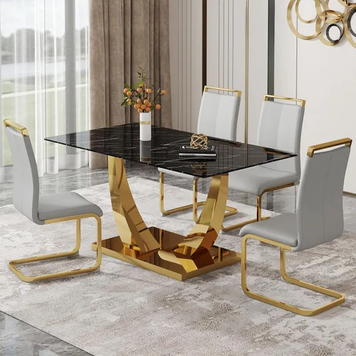 Vista 24 de Juego de mesa de comedor de 63 pulgadas para 4, juego de mesa de comedor dorado moderno para 4, juego de mesa de cocina de mármol sintético