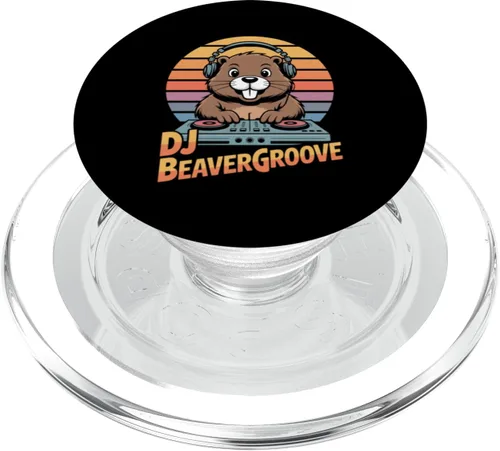 Vista 7 de DJ BEAVERGROOVE Retro Beaver DJ Turntable Sunset PopSockets Adhesive PopGrip