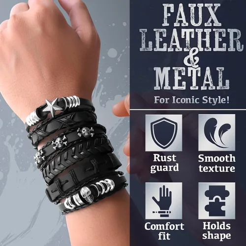Vista 3 de 6 pulseras emo de cuero para hombres y mujeres, joyas góticas ajustables punk rock, diseños de estrellas de calavera, se adapta a muñecas de 7 a 11