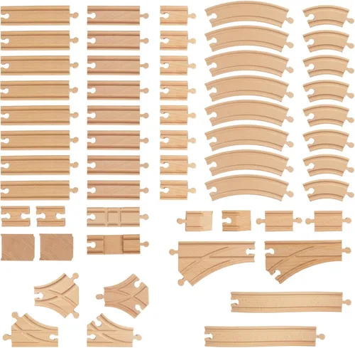 Vista 7 de Juego de 24 pistas de tren de madera, expansión de vías y 9 piezas distintas, 100% compatible con todas las principales marcas, incluido el sistema