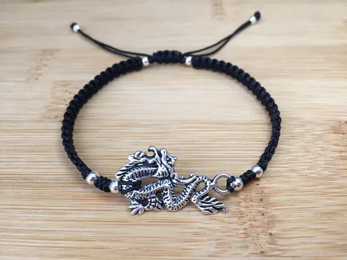 Vista 2 de Unisex fashion Black Braided Delicate Bracelet with Silver Dragon Design