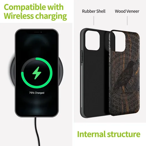 Vista 5 de Carveit Funda de madera para iPhone 11 Pro [madera natural y TPU suave negro] a prueba de golpes, protector de teléfono de madera único compatible