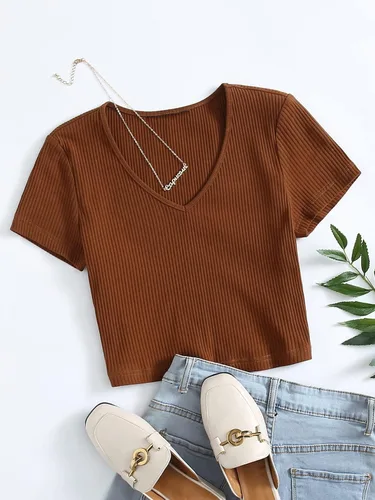 Vista 5 de Floerns Camiseta básica de punto acanalado de manga corta con cuello en V para mujer