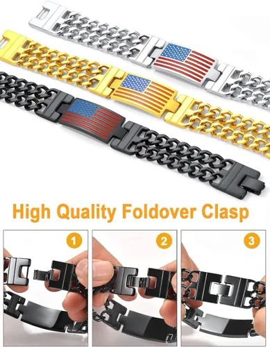 Vista 6 de U7 Bracelets for Men American Flag Bracelets 4th of July Jewelry Leather Wristband Stainless Steel18K Gold PlatedBlack Cuban Link Chain Bracelets