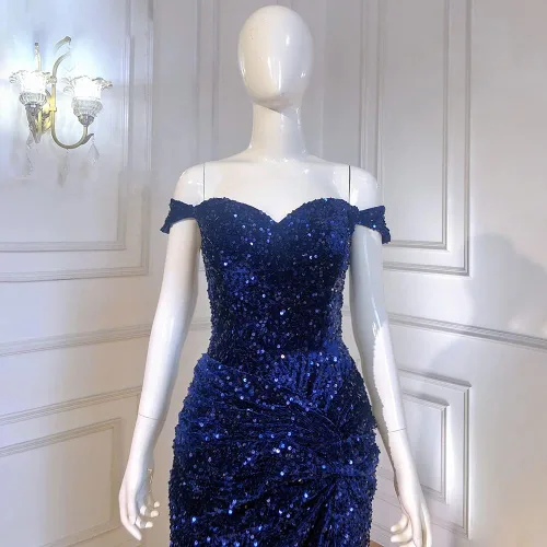 Vista 4 de Vestidos de fiesta de sirena con hombros descubiertos para mujer, vestidos de noche formales con lentejuelas largas con abertura