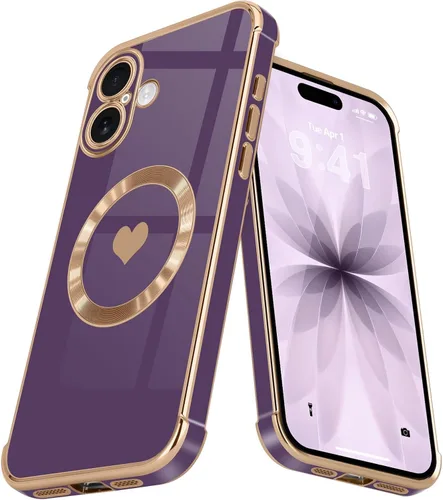 Vista 30 de Funda magnética para iPhone 13, para mujeres y niñas, chapado de lujo, lindo corazón de amor, cubierta trasera suave, protección completa de lente