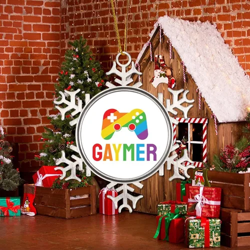 Vista 5 de Adorno de árbol de Navidad Gaymer Rainbow Gay Game Ornamentos Gay Decoraciones de Navidad Regalo Amor Igualdad Derechos LGBTQ Rainbow Metal Copo