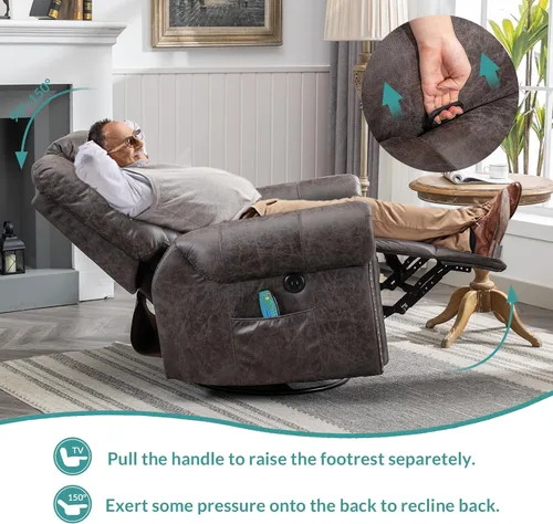 Vista 6 de MEETWARM Sillón reclinable giratorio de masaje con calor y vibración, mecedora manual mecedora, silla reclinable giratoria de 360° con control Gris