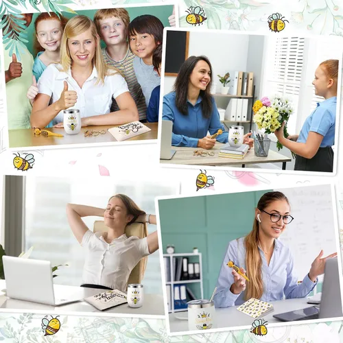 Vista 5 de Panitay Juego de 6 regalos temáticos de abeja para mujer, vaso de acero inoxidable de 12 onzas con popote y calcetines de cepillo, bolsa
