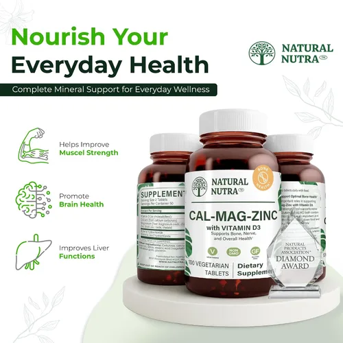 Vista 7 de Natural Nutra Suplemento de calcio y magnesio y zinc con vitamina D3 para fortaleza ósea, salud sin gluten y sin azúcar, complejo mineral esencial
