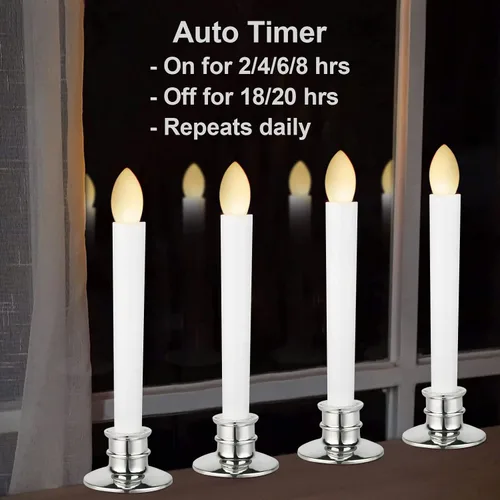 Vista 5 de Paquete de 2 velas cónicas sin llama con control remoto/temporizador, velas LED parpadeantes operadas por batería para ventana, candelabros falsos