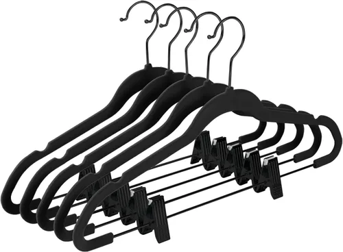 Vista 13 de MIZGI - Perchas premium de terciopelo negro para pantalones con clips ajustables (paquete de 20) Perchas delgadas para faldas - Perchas Negro/Negro