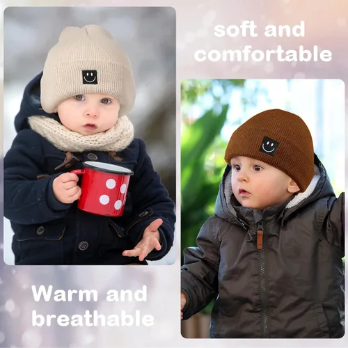 Vista 4 de Mepase Gorro de punto con cara sonriente para bebé, 3 unidades, para niños pequeños, gorro de invierno suave bordado con cara sonriente