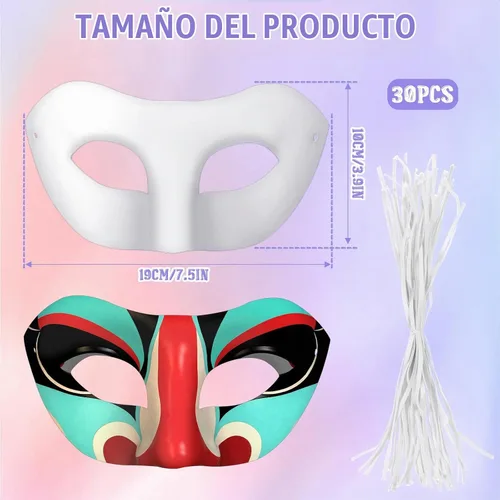 Vista 2 de Paquete de 30 máscaras de papel de arte a granel, color blanco, máscara