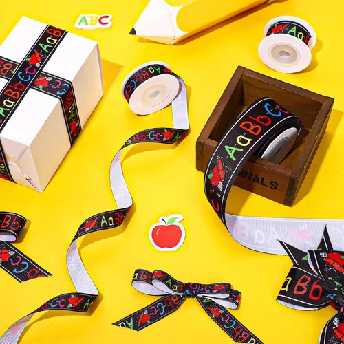 Vista 5 de JarThenaAMCS 3 rollos de cinta de grogrén Vuelta al Colegio, cinta de grogrén con temática escolar, cinta de grogrén con estampado ABC, cinta