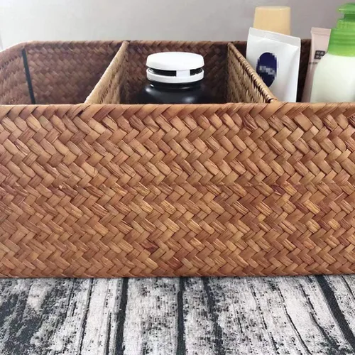 Vista 3 de Cesta tejida a mano de algas marinas Caja de almacenamiento tejida de 3 compartimentos para decoración de escritorio para el hogar, baño, oficina