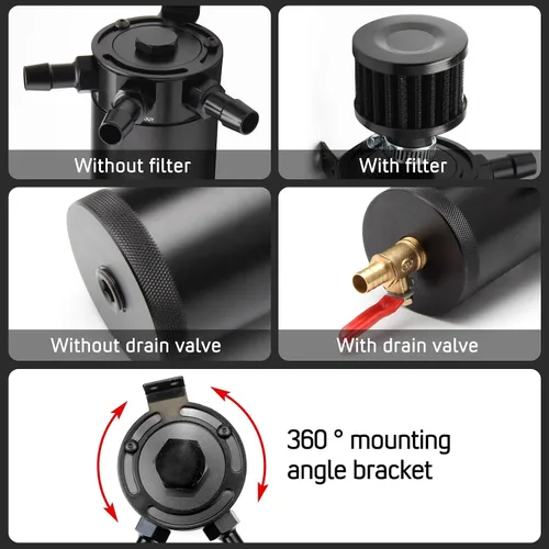Vista 6 de Kit universal de tanque de reserva de aceite para coche de 150ml, compacto deflector de 3 puertos separador de aceite 2 entradas 1 salida negro
