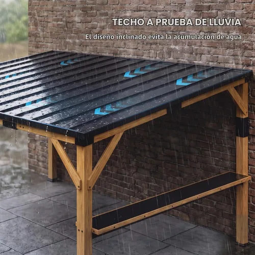 Vista 4 de Outsunny Gazebo de madera de 10'x14' con techo inclinado de acero