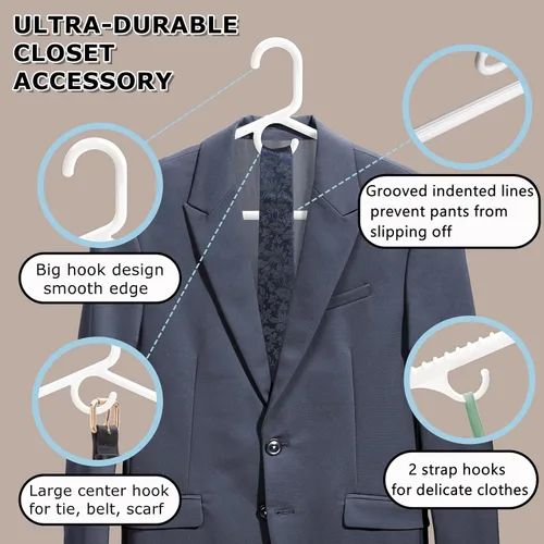 Vista 3 de Amber Home Paquete de 36 perchas de plástico resistentes, perchas blancas antideslizantes con barra para pantalones, perchas de plástico grueso