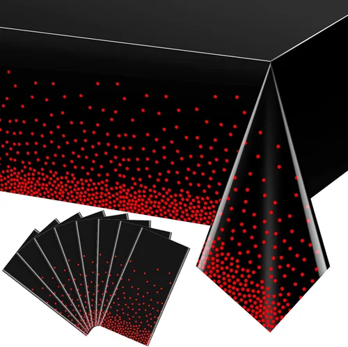 Vista 10 de Paquete de 1 mantel de plástico con puntos rojos y negros, mantel desechable de plástico rectangular de plástico con estampado de puntos rojos