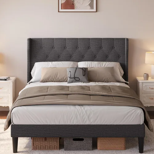 Vista 4 de Aiho - Base de cama tapizada de tamaño matrimonial con cabecera con respaldo de ala, color gris oscuro Button Tufted Headboard, Wood Slat Support