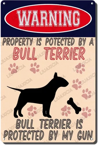 Vista 21 de LIUAXICIA Letreros divertidos de metal con texto en inglés "Warning Property is Potected by A American Bulldog is Protected by My Gun" The Coffee