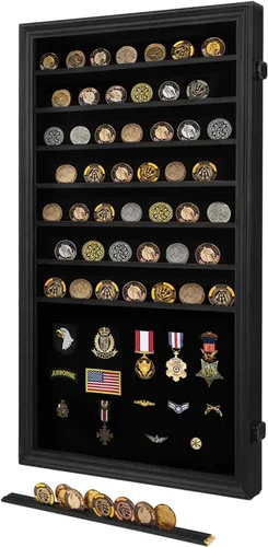 Vista 9 de Verani Vitrina de medallas – Caja de sombra de monedas de desafío militar – Vitrina de pines con estantes extraíbles y fondo pinable para insignias