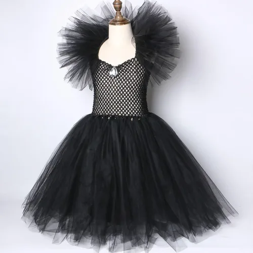 Vista 2 de Hqroidd Disfraz de bruja para niñas, conjunto de 3 piezas de alas de cuerno, vestido de tutú de reina malvada, disfraz de vampiro para Halloween