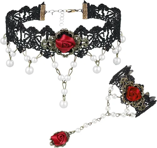 Vista 9 de Conjunto de Gargantilla, Pulsera y Anillo para Mujer, Collar de Encaje Gótico Vintage con Colgante de Abalorios, Joyería A: blanco