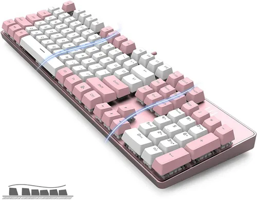 Vista 3 de Teclado mecánico con cable Interruptor marrón Diseño de 104 teclas de EE. UU. Intercambiable en caliente y silencioso Combo rosa y blanco