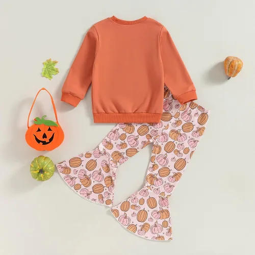 Vista 38 de Traje de Halloween para bebé niña, manga larga, cuello redondo, letras de fantasma, parte superior con estampado de fantasma, parte inferior