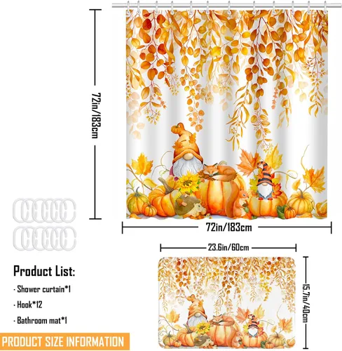 Vista 3 de Lutto Cortina de ducha de otoño para baño, juego de baño de otoño con cortina de ducha y alfombras, cortinas de ducha de calabaza de Acción