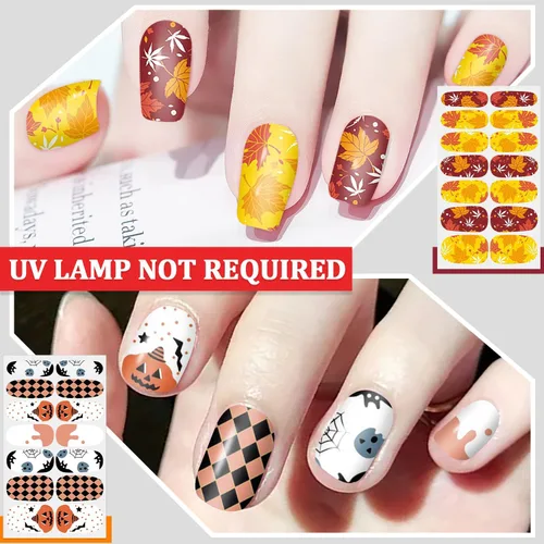 Vista 4 de SILPECWEE 8 hojas de envolturas de uñas de Halloween para mujer, diseño de otoño, tiras adhesivas de esmalte de uñas de gel autoadhesivas con lima