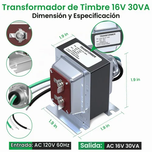 Vista 4 de Transformador de timbre de 16 V 30 VA compatible con timbre de video con anillo con cable, pieza de repuesto para timbre de puerta transformador