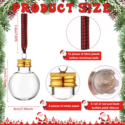 Vista 2 de Kajaia 12 piezas Adornos de árbol de Navidad rellenables con bolas de alcohol de Navidad con cinta adhesiva de cuadros de búfalo tiras adhesivas