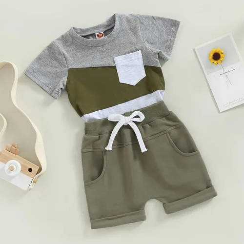 Vista 31 de Conjunto de ropa casual de manga corta con botones y pantalones cortos de lino para bebés y niños pequeños