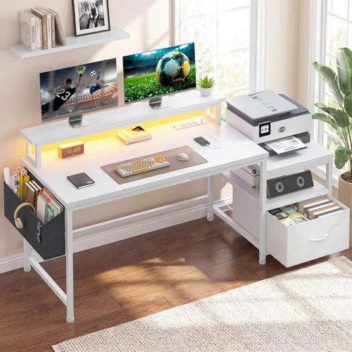 Vista 15 de EnHomee Escritorio para computadora de 57 pulgadas con cajones y espacio para impresora, escritorio de oficina con tomas de corriente, escritorios