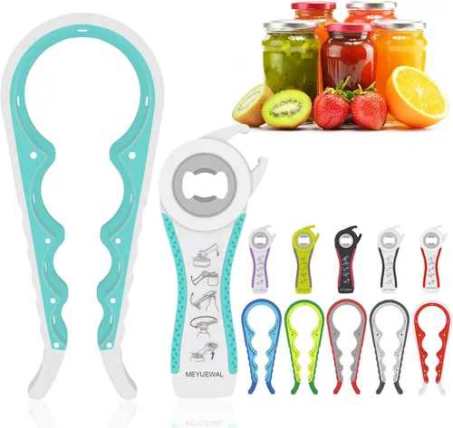 Vista 9 de MEYUEWAL Abrelatas 5 en 1 multifuncional con mango de silicona para botellas, frascos y latas, fácil de usar para niños, ancianos y enfermos de Azul