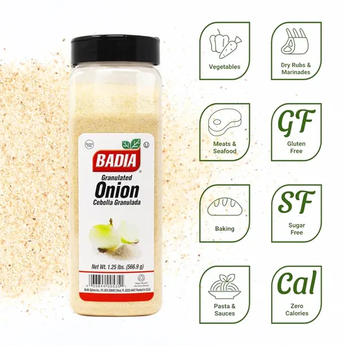 Vista 2 de Cebolla granulada Badia 1.25 lb - Condimento de cebolla dulce y salado Añade un rico sabor a cebolla dulce a carnes, sopas, salsas, verduras
