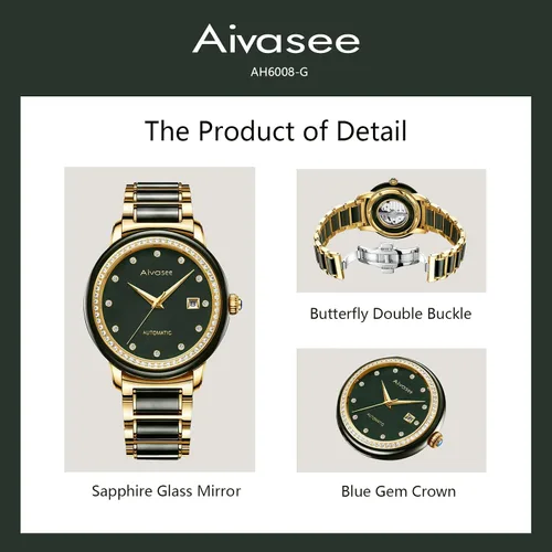 Vista 3 de Aivasee Reloj automático de diamantes de lujo para mujer con correa de acero inoxidable chapada en oro y jade negro para mujer, reloj de pulsera