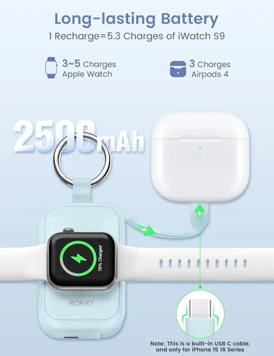 Vista 3 de RORRY CharmGo - Cargador para Apple Watch, cargador portátil de 2500 mAh Azul