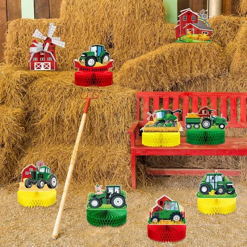 Vista 5 de 9 piezas de centro de mesa de nido de abeja de tractor, decoración de fiesta de cumpleaños con temática de tractor verde de granja, decoración