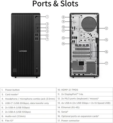 Vista 4 de Lenovo ThinkCentre M90t Gen 6 A.I. PC • Computadora de escritorio Intel Ultra 9 285 de 24 núcleos • DDR5 de 64 GB • SSD de 4 TB • Office 365