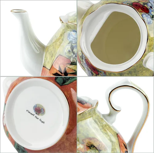 Vista 3 de Tetera de 30 oz de Van Gogh Pinturas de porcelana china hueso Tetera de té suelto Diseño floral Vintage Tetera de cerámica estilo europeo para café