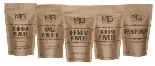Vista 2 de MB Herbals Paquete combinado de polvos para el cuidado del cabello Shikakai Neem Brahmi Amla Bhringaraj Polvos 3.53 oz cada uno Para